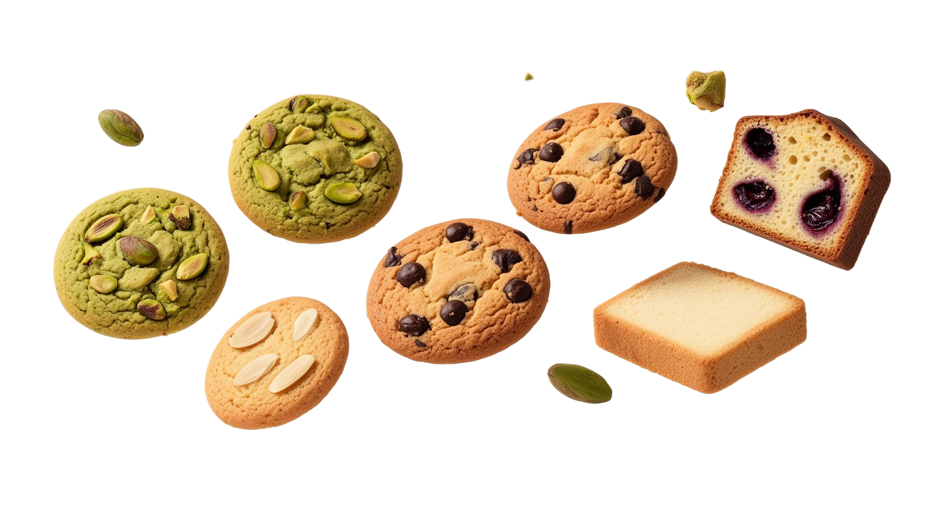 Floating handcrafted Biskify cookies and cake slice